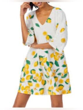 BedHead Sz XL White V-Neck Top with Yellow Lemon Print Seam Pockets NWOT